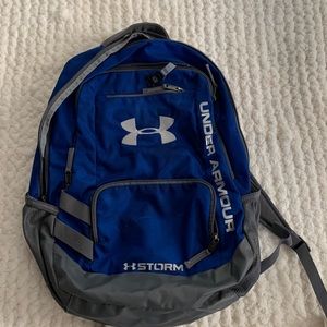 Under Armour storm blue backpack.  Approximately 20x14x6